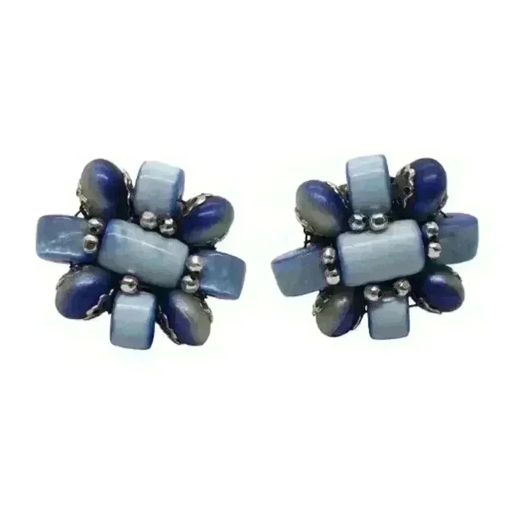 Vintage Earrings Blue Cats eye Moonglow Beaded Clip On Japan 1950s Cats Eye - Picture 2 of 9